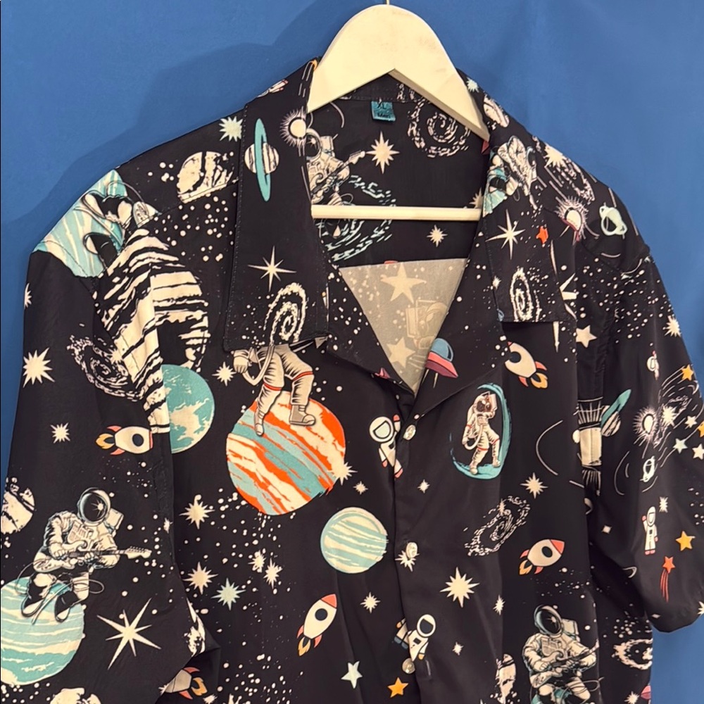 Navy Space-Themed Shirt Camp Hawaiian Pattern Print Planet Astronaut